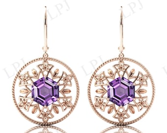 Art Deco Amethyst Floral Earrings Hexagon Shaped Amethyst Earrings For Women Antique Wedding Earrings Dangle Drop Earrings Gift For Women