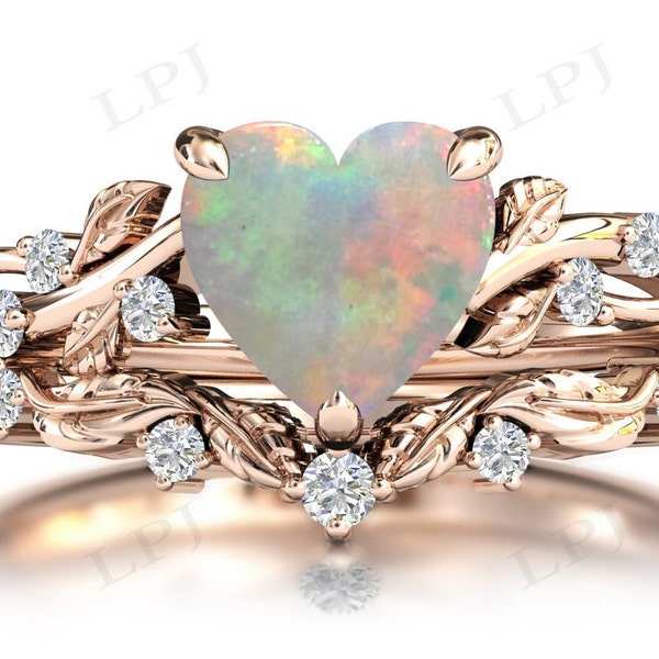 Vintage Opal Wedding Ring Set 14k Gold Opal Art Deco Vine Leaf Engagement Ring Set Antique Bridal Ring Set Heart Shaped Opal Women Ring Set