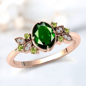 Chrome Diopside Engagement Ring Art Deco Chrome Diopside Wedding Ring Unique Green Gemstone Ring Antique Bridal Anniversary Promise Ring