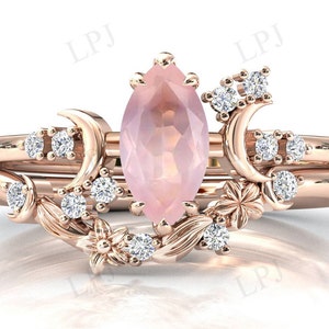 Moon of My Life Rose Quartz Engagement Ring Set For Women 14k Gold Rose Quartz Antique Floral Wedding Ring Set Anniversary Ring Set For Her