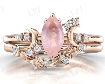 Juego de anillos de compromiso de cuarzo rosa Moon of My Life para mujer, oro de 14 quilates, cuarzo rosa, anillo de boda floral antiguo, conjunto de anillos de aniversario para ella