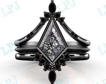 Kite Shaped Rutile Anillo de compromiso Set para mujeres Art Deco Negro Rutilated Quartz Wedding Ring Set Vintage Rutile Bridal Ring Set For Her