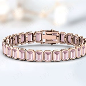 Rose Quartz Bracelet Antique Wedding Bracelet Unique Tennis Bracelet Women Handmade Bracelet Emerald Cut Rose Quartz Bracelet Gift For Women