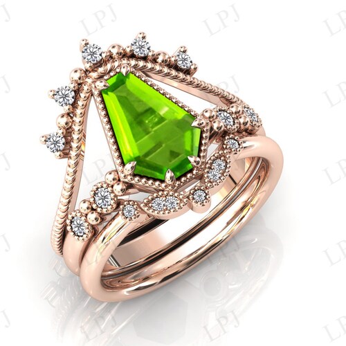 Coffin Shaped Peridot Engagement Ring Set For Women Art Deco shops Peridot Wedding Ring Set Rose Gold Peridot Unique Anniversary Ring Set For Her