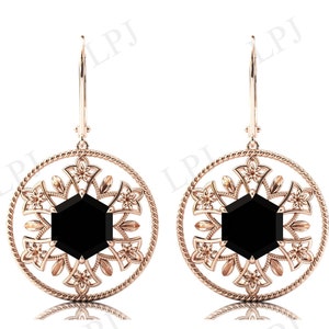 Black Onyx Earrings For Women Hexagon Shaped Black Onyx Women Earrings Black Gemstone Earrings Art Deco Floral Earrings Antique Earrings