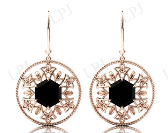 Black Onyx Earrings For Women Hexagon Shaped Black Onyx Women Earrings Black Gemstone Earrings Art Deco Floral Earrings Antique Earrings