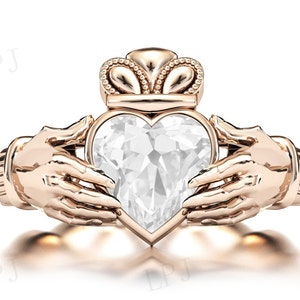 Claddagh Weißtopas Verlobungsring Art Deco Stil Ehering Unikat Antragsring für Frauen Herzförmiger Brautring Jahrestag Geschenk