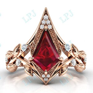 Unique Kite Shaped Ruby Wedding Ring Art Deco Ruby Leaf Style Engagement Ring For Women 14k Gold Ruby Bridal Ring Antique Anniversary Ring
