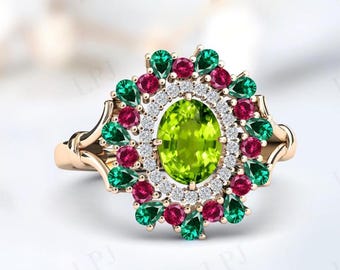 Vintage Peridot Verlobungsring Für Sie 925 Silber Multi Edelstein Cocktail Ring Art Deco Peridot Hochzeitsring Einzigartiger Brautjubiläum Ring