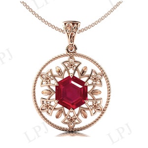 Red Ruby Pendant For Women 925 Sterling Silver Ruby Floral Pendant Art Deco Pendant Hexagon Shaped Red Gemstone Pendant Handmade Pendant