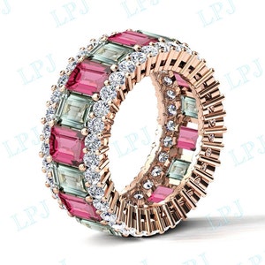 Green Amethyst Engagement Band For Women Vintage Full Eternity Wedding Band Unique Multi Gemstone Band Pink Tourmaline Eternity Bridal Band