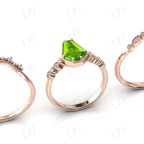 Coffin Shaped Peridot Engagement Ring Set For Women Art Deco shops Peridot Wedding Ring Set Rose Gold Peridot Unique Anniversary Ring Set For Her
