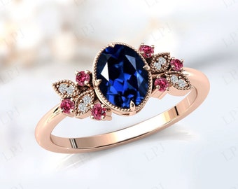 Blue Sapphire Engagement Ring For Women Art Deco Blue Sapphire Wedding Rng 14k Rose Gold Blue Sapphire Bridal Ring Antique Engagement Ring