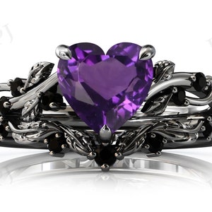 Heart Shaped Amethyst Engagement Ring Set For Women Art Deco Amethyst Wedding Ring Set Antique Vine Leaf Design Bridal Ring Set Gift For Her