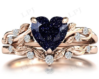 Galaxy Star Blue Sandstone Wedding Ring Set For Women 925 Silver Leaf Design Ring Set Art Deco Sandstone Engagement Ring Set Gift For Women