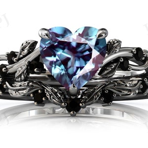 Art Deco Leaf Alexandrite Engagement Ring Set For Women Antique Vine Leaf Wedding Ring Set Heart Shaped Alexandrite Bridal Ring Set For Her