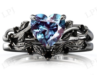 Art Deco Leaf Alexandrite Engagement Ring Set For Women Antique Vine Leaf Wedding Ring Set Heart Shaped Alexandrite Bridal Ring Set For Her