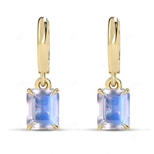 Art Deco Moonstone Wedding Earrings For Women 14K Gold Moonstone Vintage Huggie Hoop Earrings Emerald Cut Moonstone Earrings Gift For Women