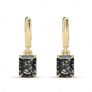Emerald Cut Black Rutilated Quartz Earrings For Women 925 Silver Huggie Hoop Earrings Unique Black Gemstone Earrings Dangle Drop Earrings