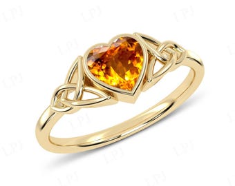 14k Gold Citrine Engagement Ring For Women Unique Celtic Knot Ring Vintage Citrine Gemstone Wedding Ring Art Deco Anniversary Promise Ring