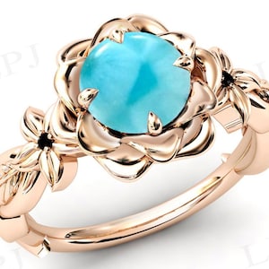 Vintage Larimar Lotus Engagement Ring For Women Art Deco Floral Style Wedding Ring Rose Gold Lotus Flower Ring Unique Larimar Gemstone Ring
