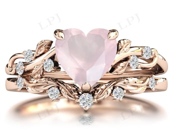 Art Deco Rose Quartz Engagement Ring Set 14k Gold Rose Quartz Antique Bridal Promsie Ring Set Heart Shaped Pink Quartz Ring Set For Women