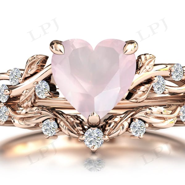 Art Deco Rose Quartz Engagement Ring Set 14k Gold Rose Quartz Antique Bridal Promsie Ring Set Heart Shaped Pink Quartz Ring Set For Women