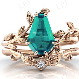 Paraiba Tourmaline Engagement Ring Set For Women Art Deco Coffin Shaped Paraiba Tourmaline Leaf Wedding Ring Set Antique Bridal Ring Set