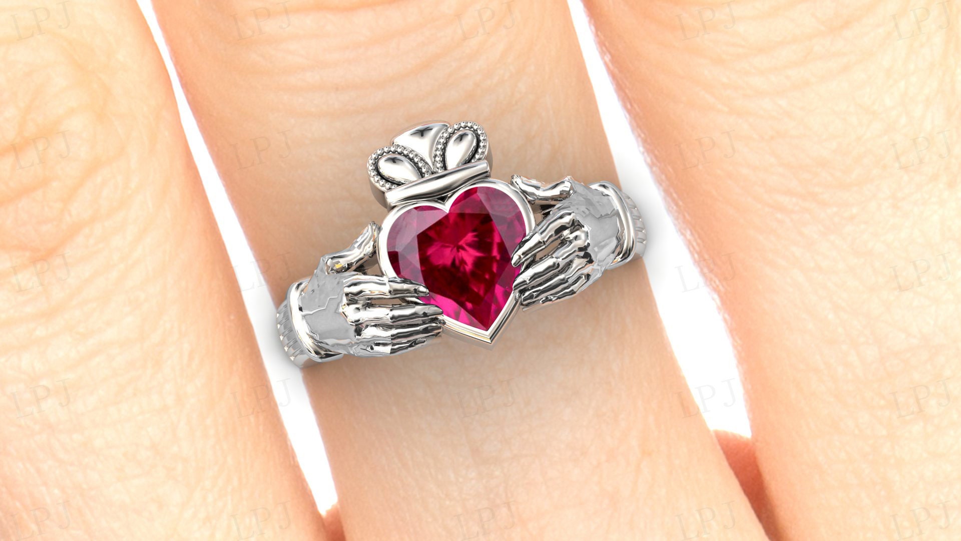 Heart Shaped Ruby Engagement Ring Art Deco Claddagh Style Ring 14k Gold ...