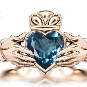 London Blue Topaz Wedding Ring For Women Antique Claddagh Ring 14k Gold Blue Topaz Art Deco Engagement Ring Heart Shaped Blue Gemstone Ring