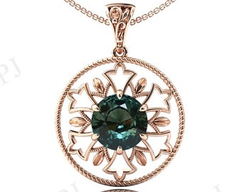Colgante de zafiro azul verdoso que cambia de color para mujer, colgante de oro rosa, colgante antiguo Art Déco, collar de zafiro verde y azul, regalo de aniversario