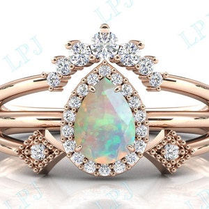Natural Opal Engagement Ring Set Pear Cut Opal Wedding Ring Set 14k Gold Opal Bridal Ring Set 925 Silver Opal Art Deco Anniversary Ring Set