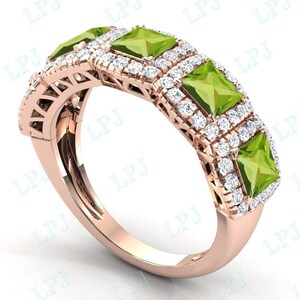 Princess Cut Peridot Engagement Ring For Women 14k Gold Peridot Bridal Band Half Eternity Wedding Band Unique Anniversary Promise Band