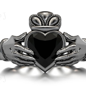 Claddagh Black Onyx Engagement Ring Heart Shaped Black Onyx Wedding Ring Art Deco Claddagh Style Ring Black Gemstone Claddagh Ring For Her
