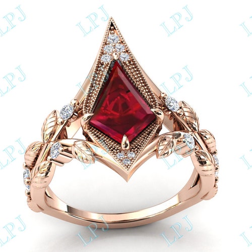 Unique Kite shops Shaped Ruby Wedding Ring Art Deco Ruby Leaf Style Engagement Ring For Women 14k Gold Ruby Bridal Ring Antique Anniversary Ring