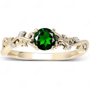 Chrome Diopside Filigree Engagement Ring For Women Antique Dainty Wedding Ring Art Deco Leaf Style Bridal Ring 14k Gold Chrome Diopside Ring