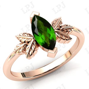 Antique Chrome Diopside Engagement Ring 14K Gold Chrome Diopside Leaf Wedding Ring Art Deco Chrome Diopside Bridal Anniversary Promise Ring