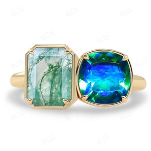 Natural Moss Agate Engagement Ring For Women 14k Gold Peacock Quartz Wedding Ring Unique Multi Gemstone Dual Ring Art Deco Anniversary Ring