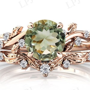 Green Amethyst Wedding Ring Set Art Deco Vintage Amethyst Engagement Ring Set 14k Gold Amethyst Antique Leaf Ring Set Anniversary Ring Set