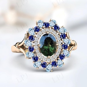 Vintage Moldavite Engagement Ring For Women Art Deco Multi Gemstone Cocktail Ring Oval Shaped Moldavite Wedding Ring Unique Anniversary Gift