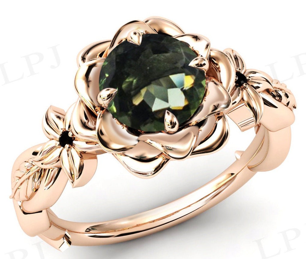 Vintage Moldavite Engagement Ring Unique Lotus Flower Wedding Ring 14k Rose Gold Art Deco Floral Style Ring Unique Lotus Engagement Ring