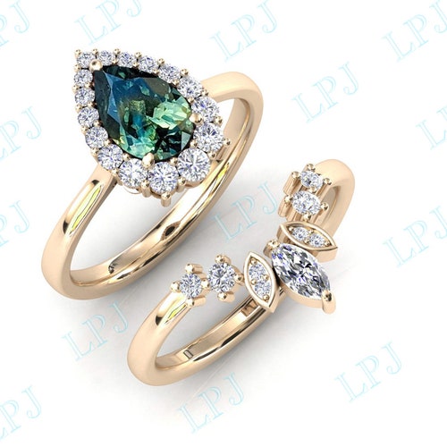 Vintage Pear Cut Teal Sapphire Wedding Ring Set 14k shops Gold Green Blue Sapphire Engagement Ring Set Art Deco Color Changing Sapphire Ring Set