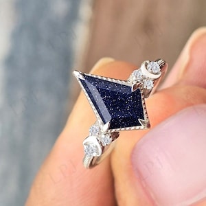 Moon Of My Life Blue Sandstone Engagement Ring For Women 925 Silver Blue Sandstone Wedding Ring Art Deco Bridal Promise Ring Gift For Women