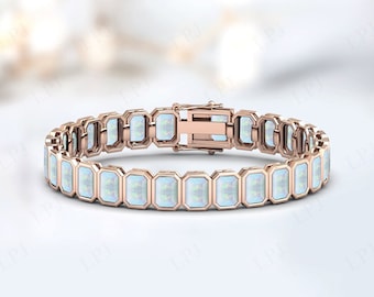 Emerald Cut Opal Tennis Bracelet For Women Vintage Opal Wedding Bracelet Unique Opal Gemstone Bracelet 925 Silver Bracelet Handmade Bracelet