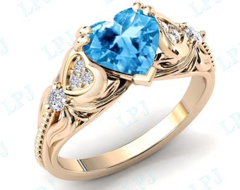 Heart Shape Sky Blue Topaz Engagement Ring 14k Gold Blue Topaz Wedding Ring For Women Art Deco Bridal Ring Heart Shaped Blue Topaz Ring
