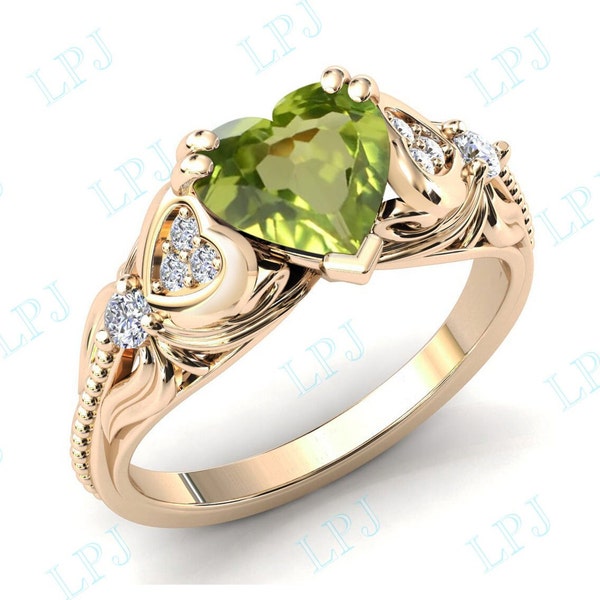 Heart Shape Peridot Engagement Ring Rose Gold Peridot Wedding Ring Heart Shaped Peridot Bridal Promise Ring Unique Anniversary Gift For Her