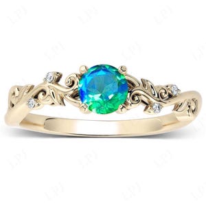 Dainty Peacock Quartz Ring For Women Antique Leaf Engagement Ring 14k Gold Peacock Quartz Wedding Ring Art Deco Filigree Ring Gift For Women