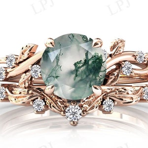 Moss Agate Leaf Engagement Ring Set Vintage Moss Agate Wedding Ring Set Art Deco Moss Agate Bridal Anniversary Ring Set Gift For Women