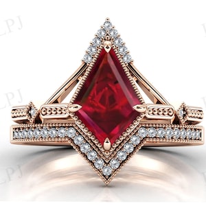 Vintage Ruby Engagement Ring Set For Women Art Deco Kite Shaped Red Ruby Wedding Ring Set Rose Gold Ruby 2 Piece Ring Set Gift For Women