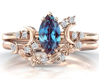 Moon of My Life Alexandrite Engagement Ring Set 14k Rose Gold Alexandrite Art Deco Wedding Ring Set Unique Floral Leaf Style Ring Set